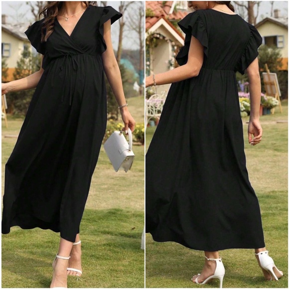 Maternity V neck Butterfly Sleeve Maxi Dress - Picture 3 of 4